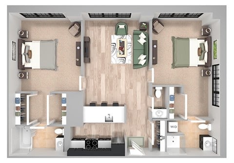 Floor plan for 2 beds, 2.5 baths, 975 sqft